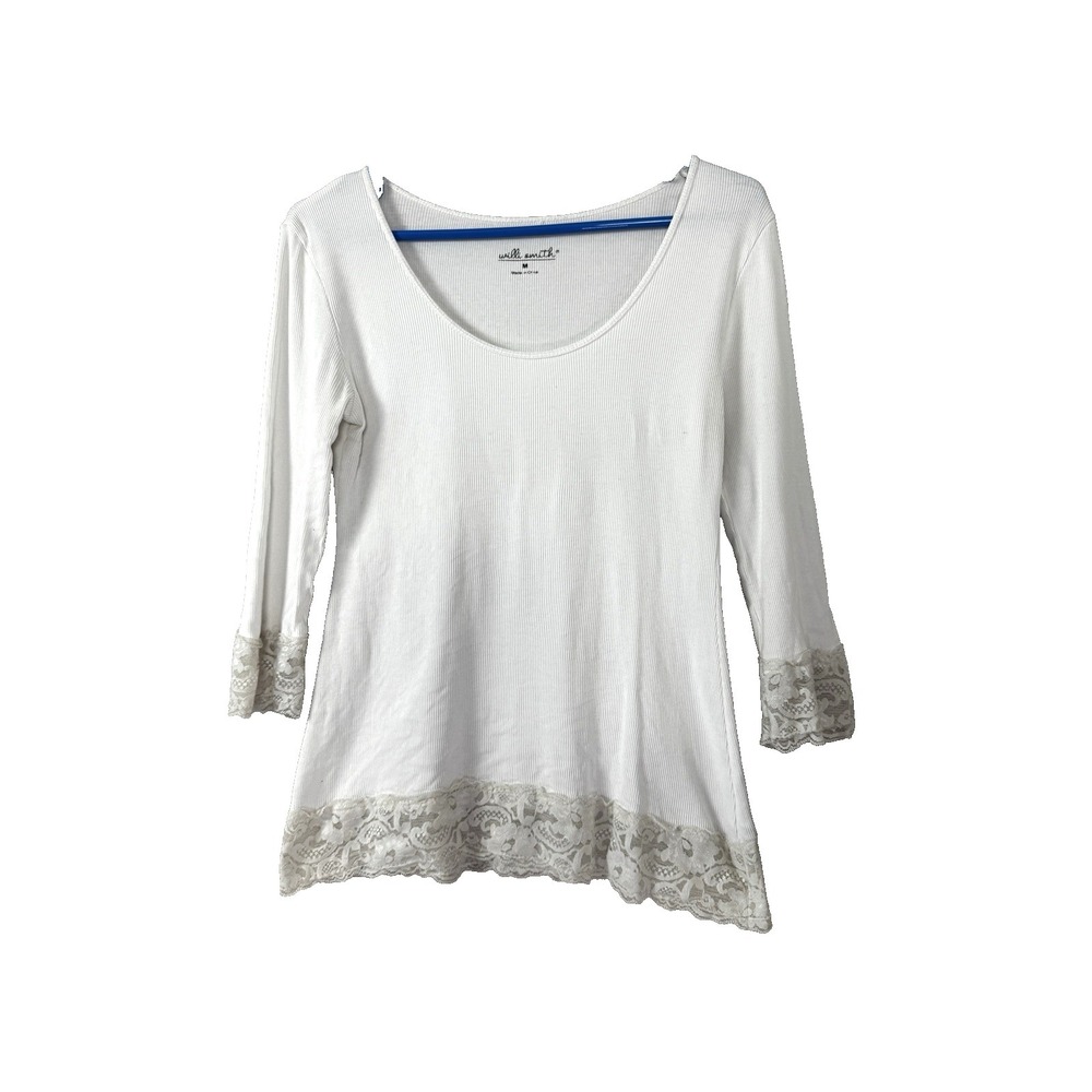 VTG Y2K Top Medium Willi Smith Scoop Neck Lace Trim 3/4 Sleeve Retro Classic 90s